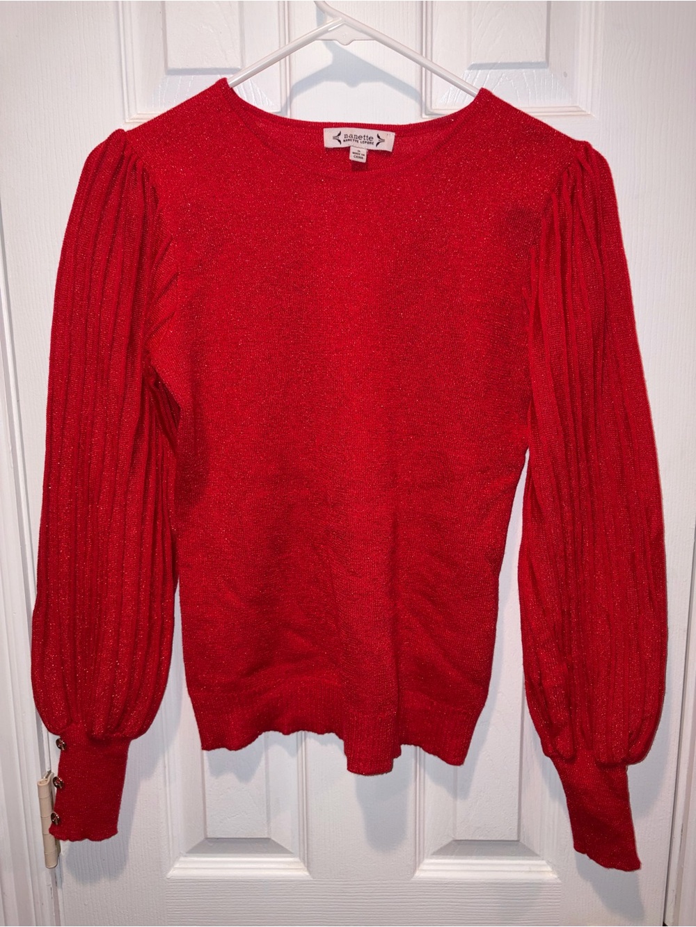 Nanette Lepore Red Metallic Puff-Sleeve Sweater